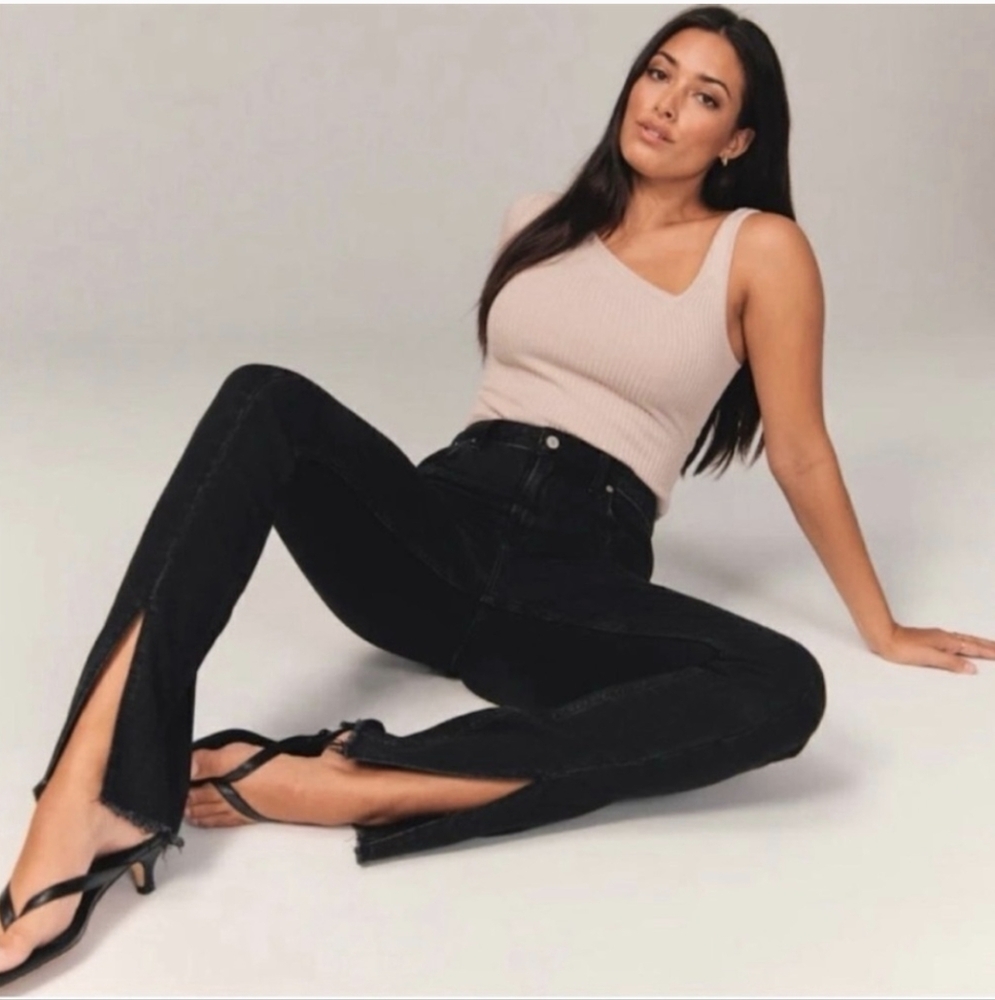Abercrombie & Fitch Curve Love Black High Rise Front Split Seam Women Jeans - Picture 15 of 16